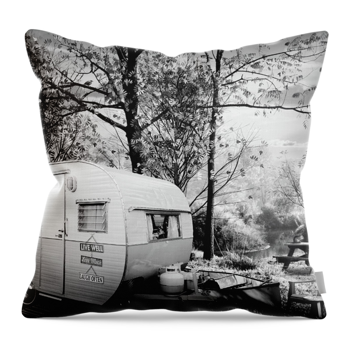 White Throw Pillow featuring the photograph Camping at the Creek Black and White by Debra and Dave Vanderlaan