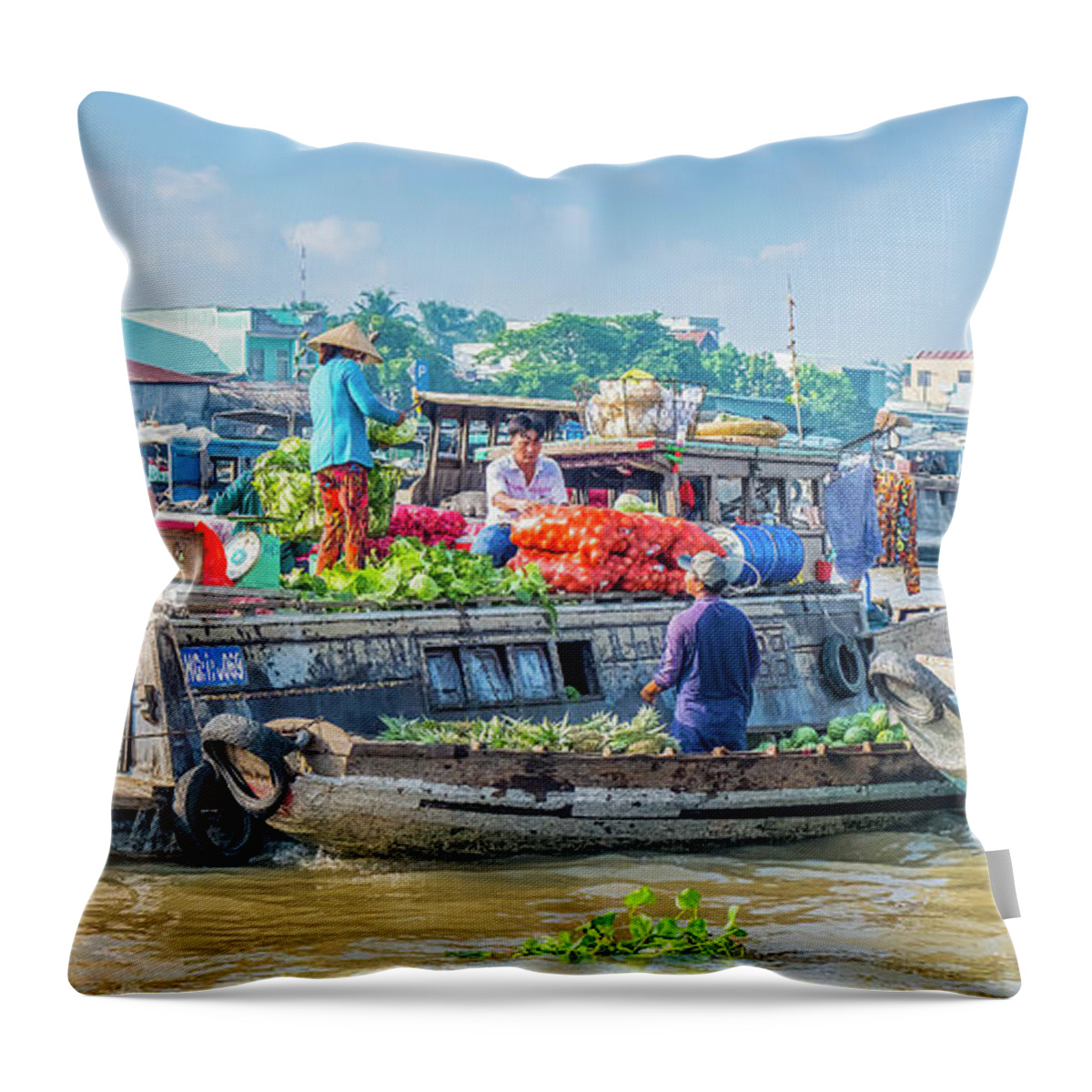 Vietnam Photography Throw Pillow featuring the photograph Can Tho Floating Market - Pano by Marla Brown