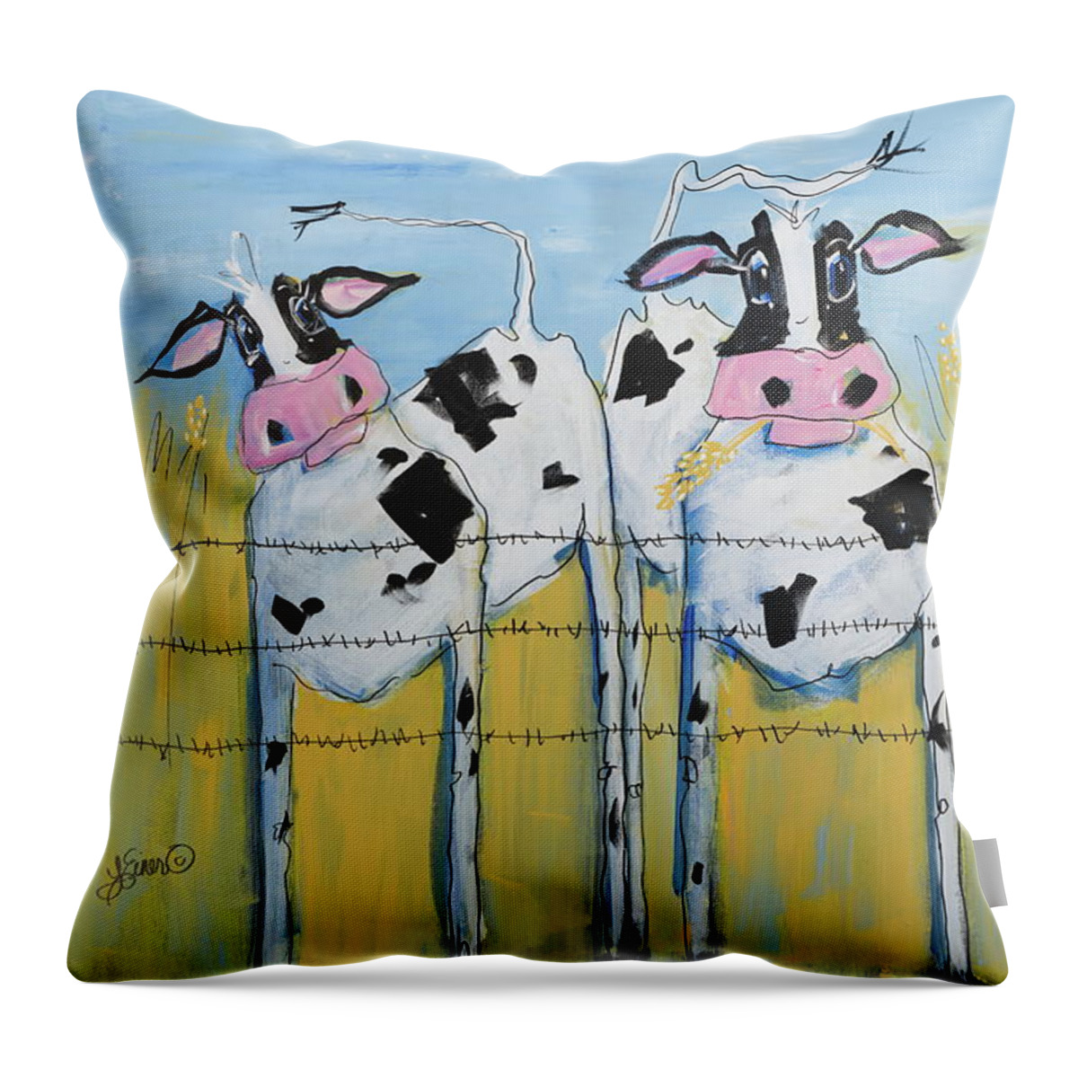 Cow Throw Pillow featuring the painting Can We Help You by Terri Einer