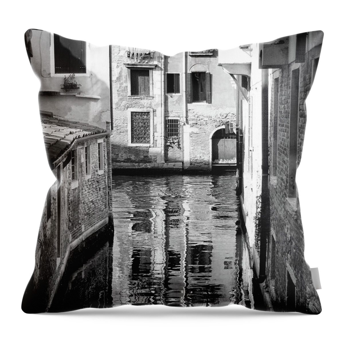 Canal Throw Pillow featuring the photograph Canal Reflections in Venice Italy Black and White by Shawn O'Brien