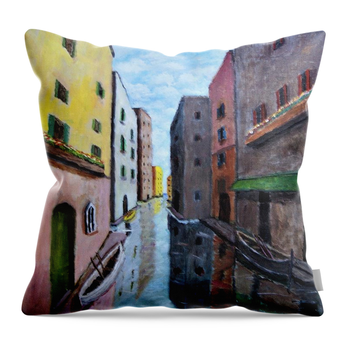 Landscape Throw Pillow featuring the painting Canal Street Apartments by Gregory Dorosh
