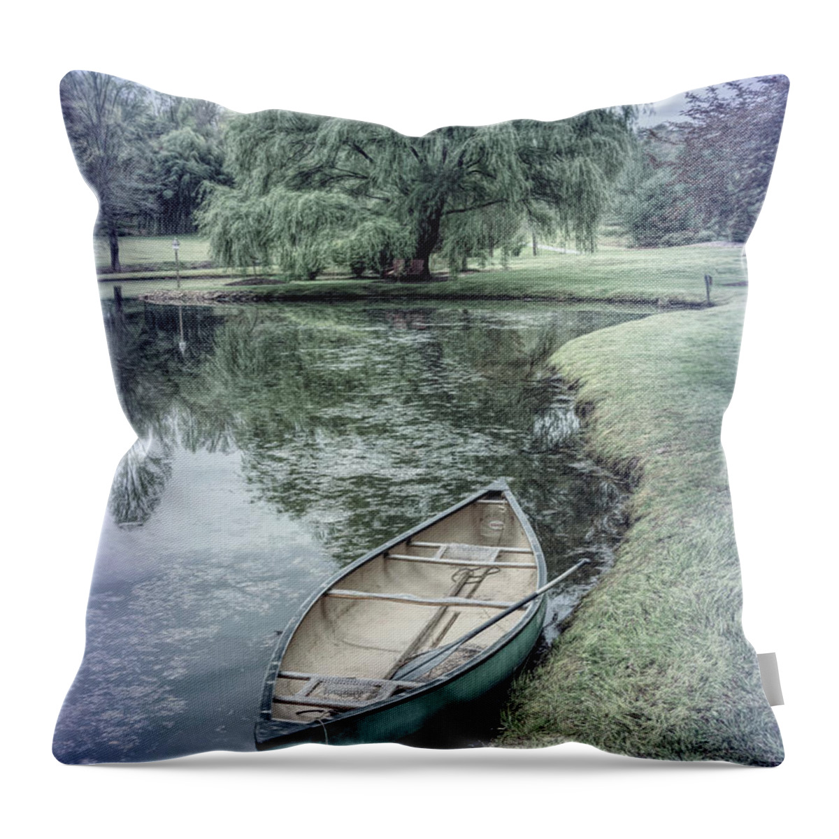 Boats Throw Pillow featuring the photograph Canoe in Spring in Blues by Debra and Dave Vanderlaan