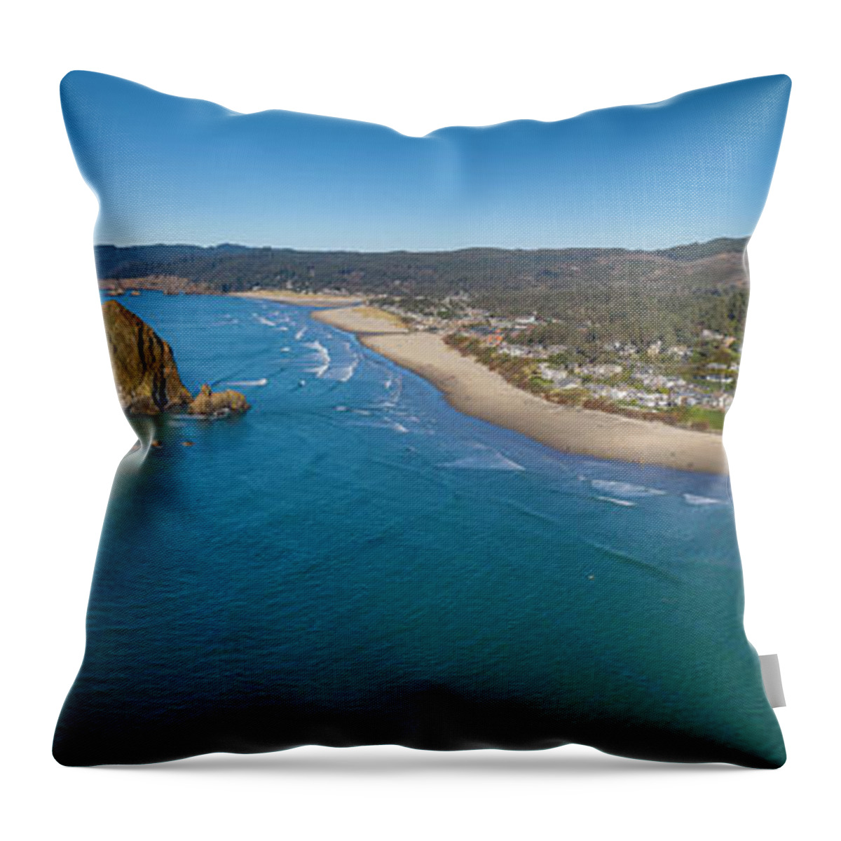 Canon Beach Haystack Rock Panorama Throw Pillow featuring the photograph Canon Beach Haystack Rock Panorama by Dustin K Ryan