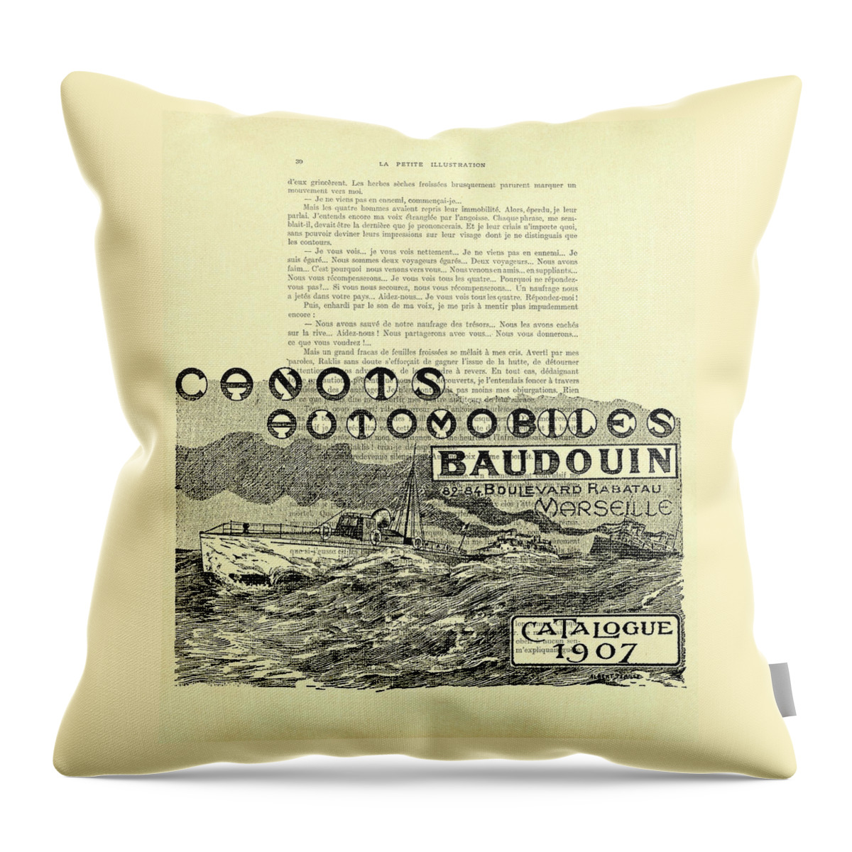 Canots Automobiles Throw Pillow featuring the digital art Canots automobiles ad in black and white by Madame Memento