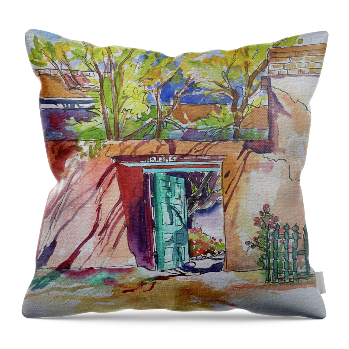 Santa Fe Throw Pillow featuring the painting Canyon Road- Santa Fe by Sue Kemp