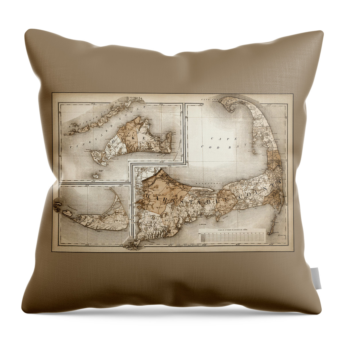 Cape Cod Throw Pillow featuring the photograph Cape Cod Antique Historical Map 1871 Sepia by Carol Japp