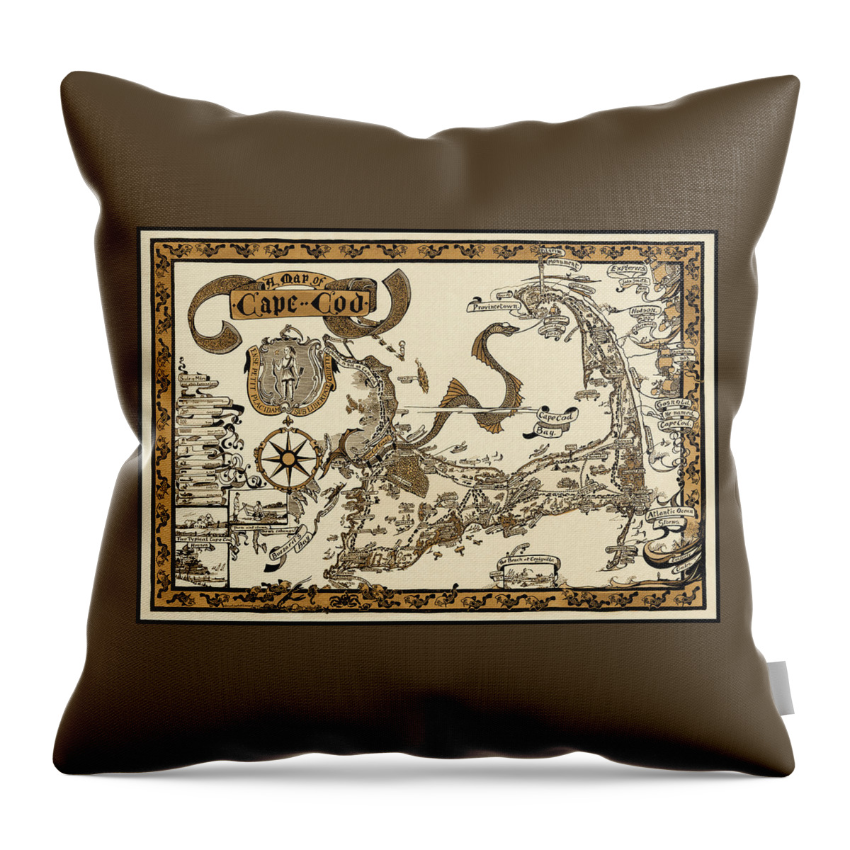 Cape Cod Throw Pillow featuring the photograph Cape Cod Antique Vintage Pictorial Map 1926 Sepia by Carol Japp