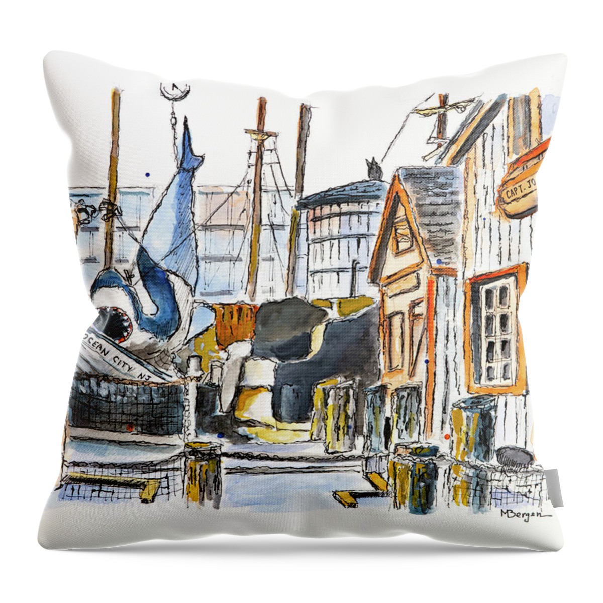 Shark Throw Pillow featuring the drawing Capt John's Boat Works NJ by Mike Bergen