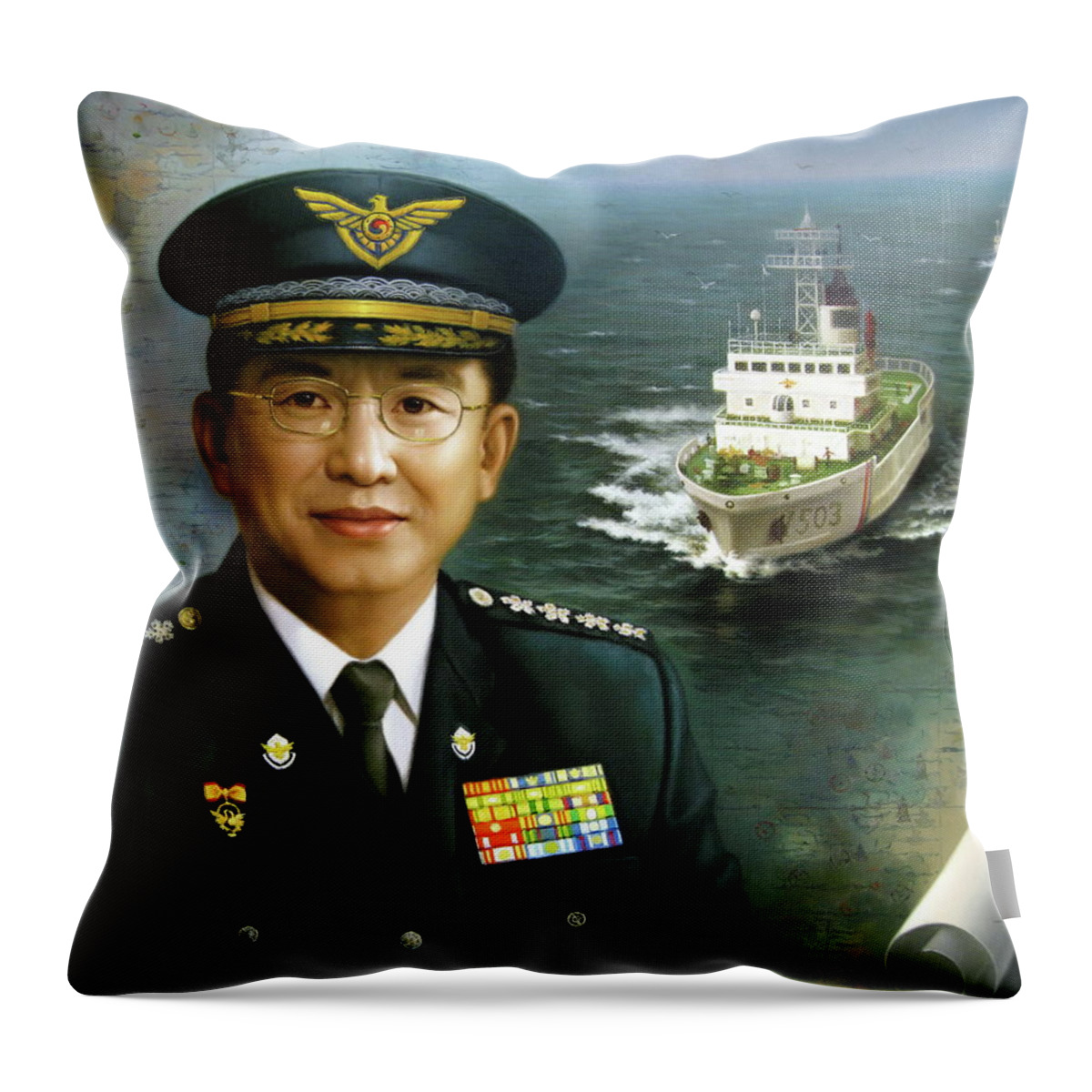 Map Throw Pillow featuring the painting Captain Korea by Yoo Choong Yeul