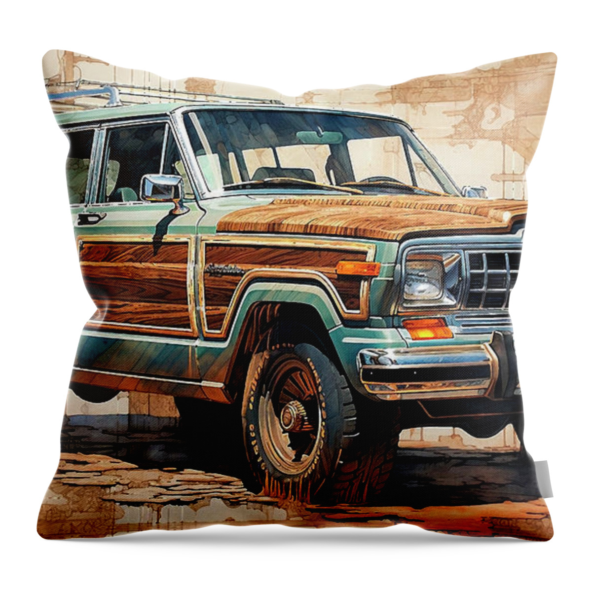 Jeep Throw Pillow featuring the drawing Car 1949 Jeep Grand Wagoneer by Clark Leffler