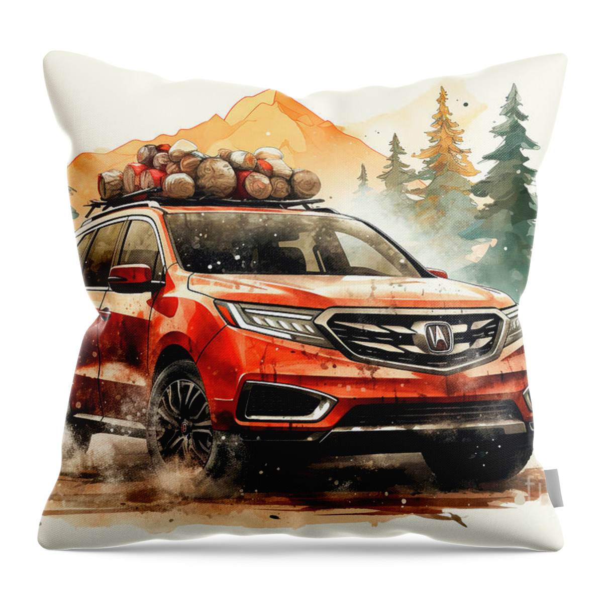 Vehicles Throw Pillow featuring the painting Car 508 Vehicles Acura MDX vintage with a Christmas tree and some Christmas gifts by Clark Leffler