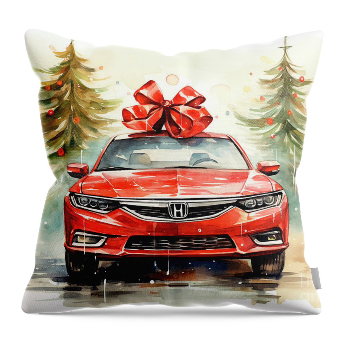 Vehicles Throw Pillow featuring the painting Car 513 Vehicles Acura TLX vintage with a Christmas tree and some Christmas gifts by Clark Leffler