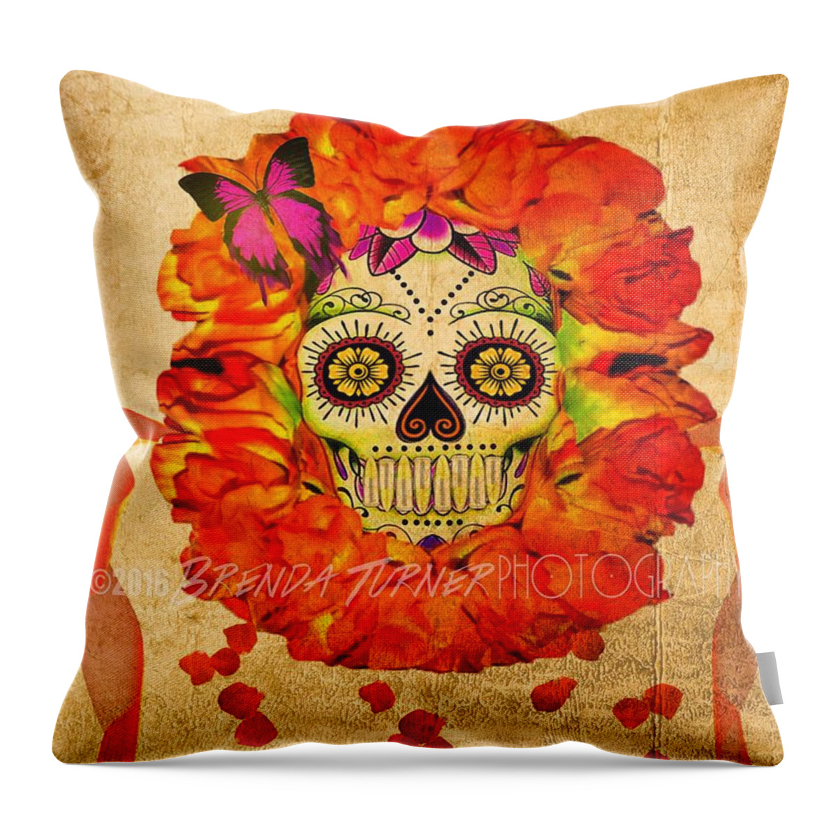 Day Of The Dead Throw Pillow featuring the digital art Cara de la Flor by Brenda Turner