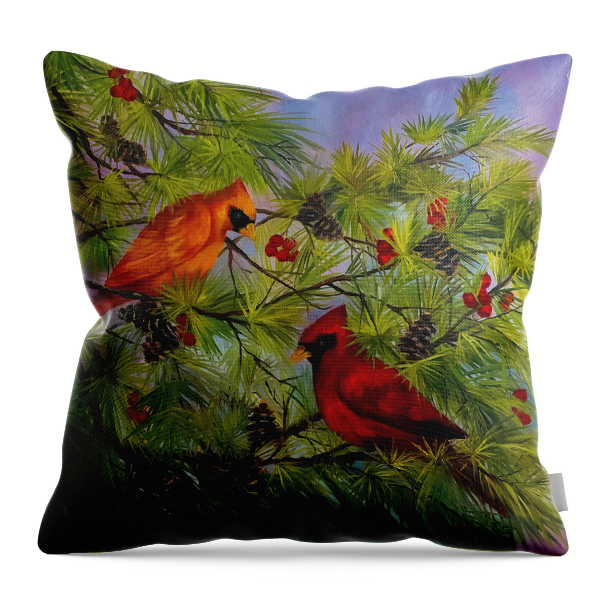 Birds Throw Pillow featuring the painting Cardinal Mates in a Pine Tree by Barbara Landry