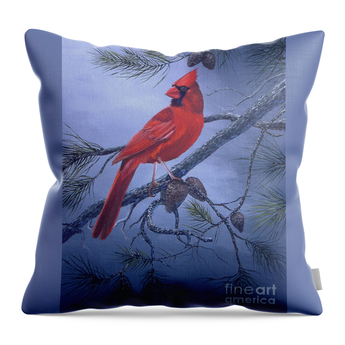 Redbird Paintings Throw Pillow featuring the painting Cardinal in the Pines by Michael Allen