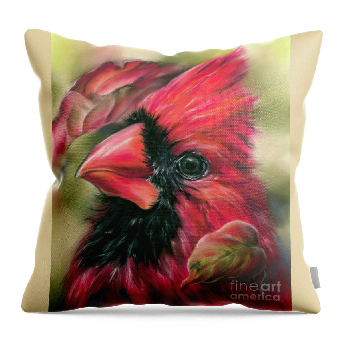 Bird Throw Pillow featuring the painting Cardinal Songbird with Autumn Dogwood Leaves by MM Anderson