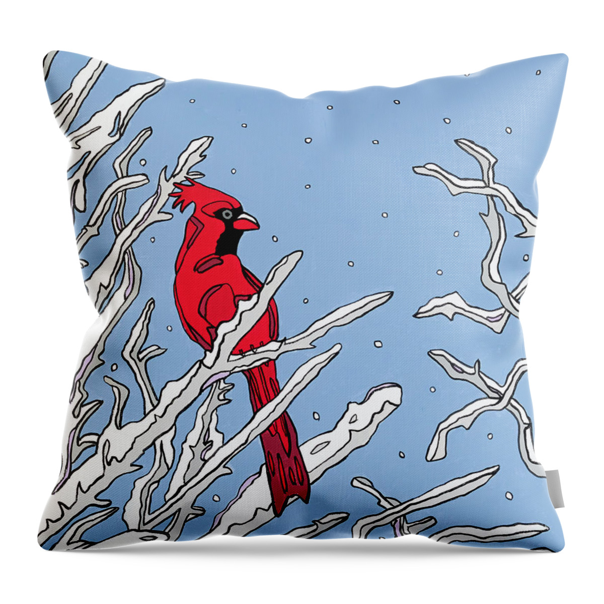 Cardinal Winter Branches Bird Throw Pillow featuring the painting Cardinal Winter by Mike Stanko