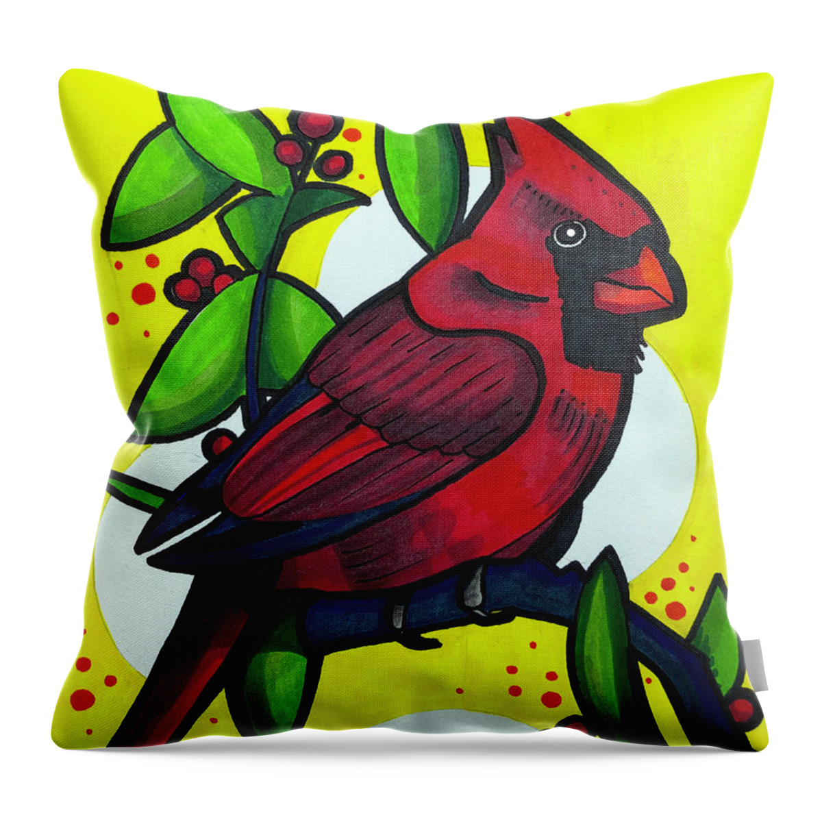 American Cardinal Throw Pillow featuring the drawing Cardinal With Berries by Creative Spirit