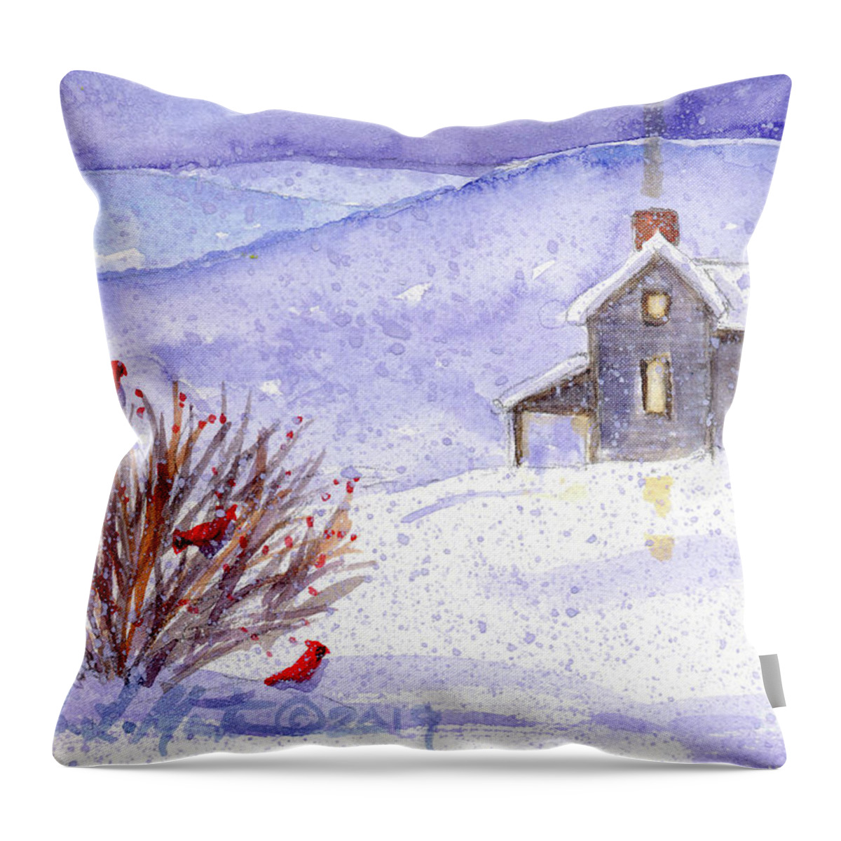 Snow Throw Pillow featuring the painting Cardinals by Linda L Martin