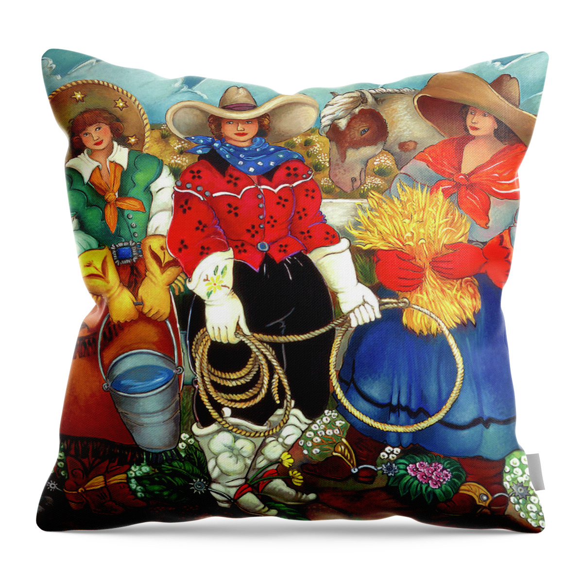 Cowgirls Throw Pillow featuring the painting Caretakers by Linda Carter Holman