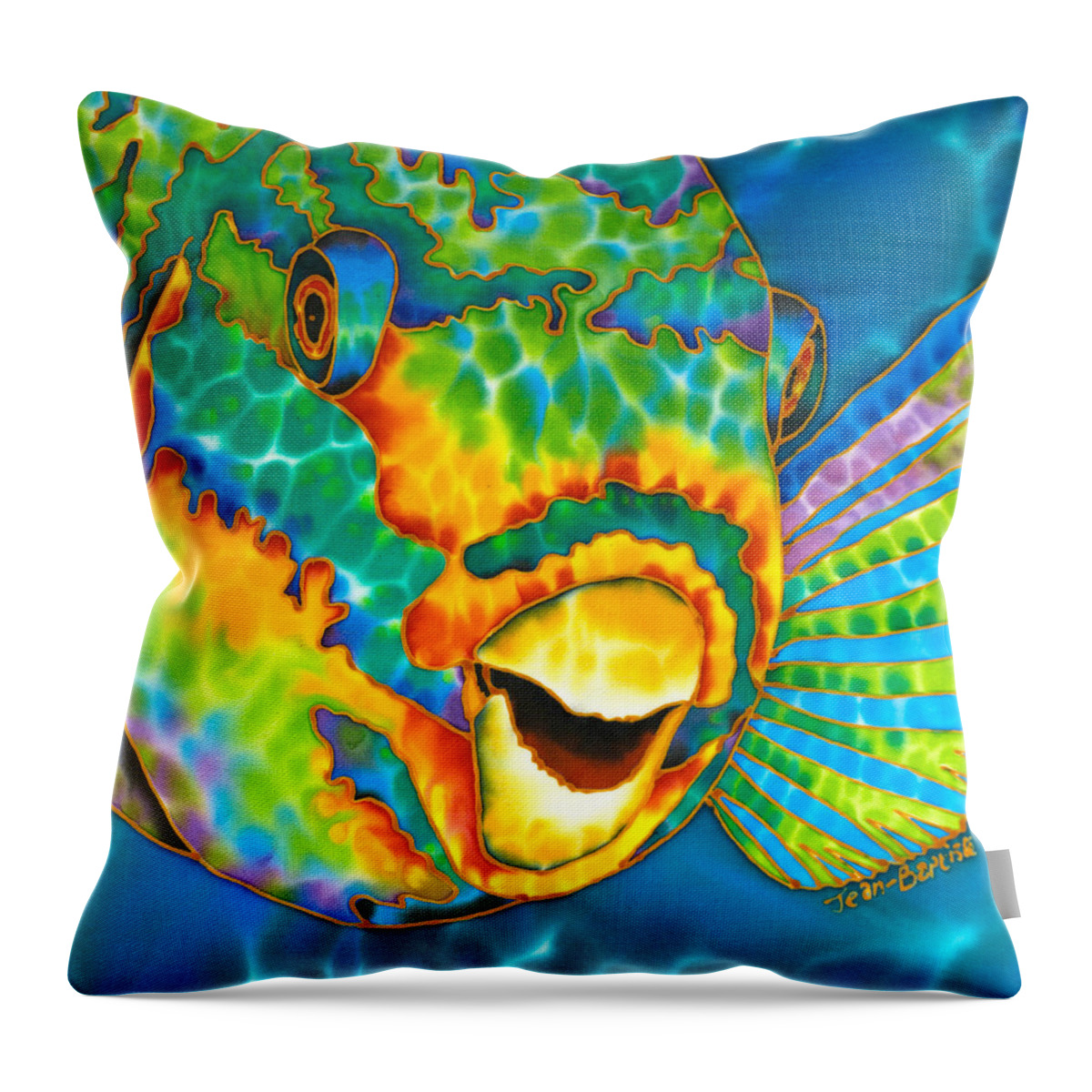 Diving Throw Pillow featuring the painting Caribbean Queen Parrotfish by Daniel Jean-Baptiste