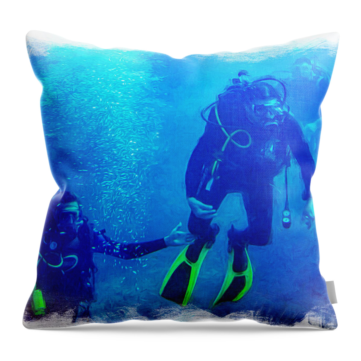 Caribbean Sea Throw Pillow featuring the photograph Caribbean Sea Divers Cozumel, Mexico by Tatiana Travelways