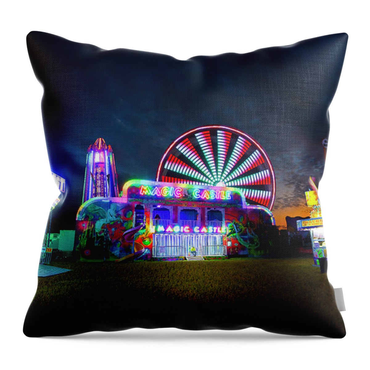 Swing Ride Throw Pillow featuring the photograph Carnival Lights and Midway Delights by Mark Andrew Thomas