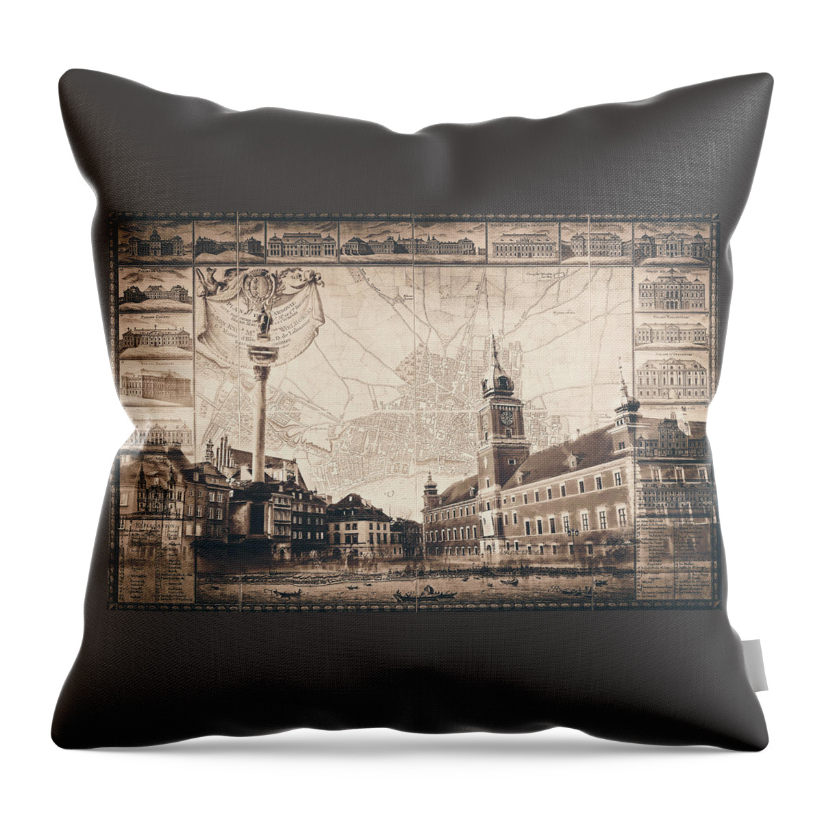 Warsaw Throw Pillow featuring the photograph Castle Square Warsaw Poland With Vintage Map Nostalgic Sepia by Carol Japp