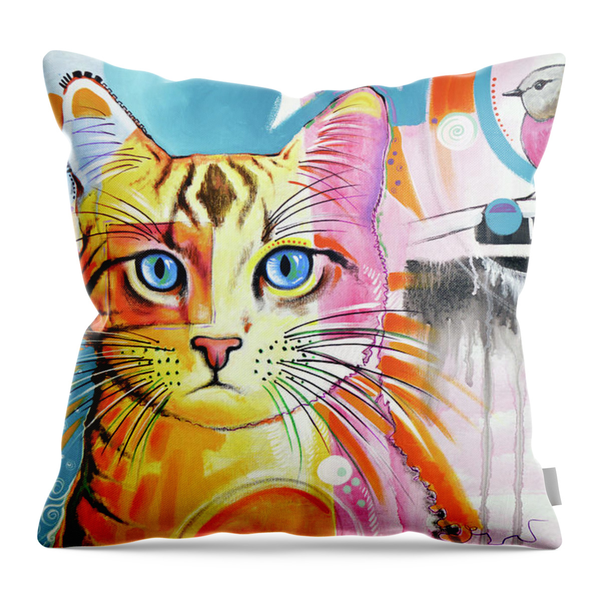 Cat Art Throw Pillow featuring the painting Cat and Bird by Amy Giacomelli