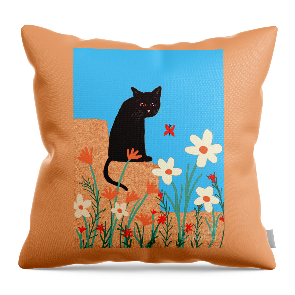 Black Cat Throw Pillow featuring the digital art Cat watching butterfly by Elaine Hayward