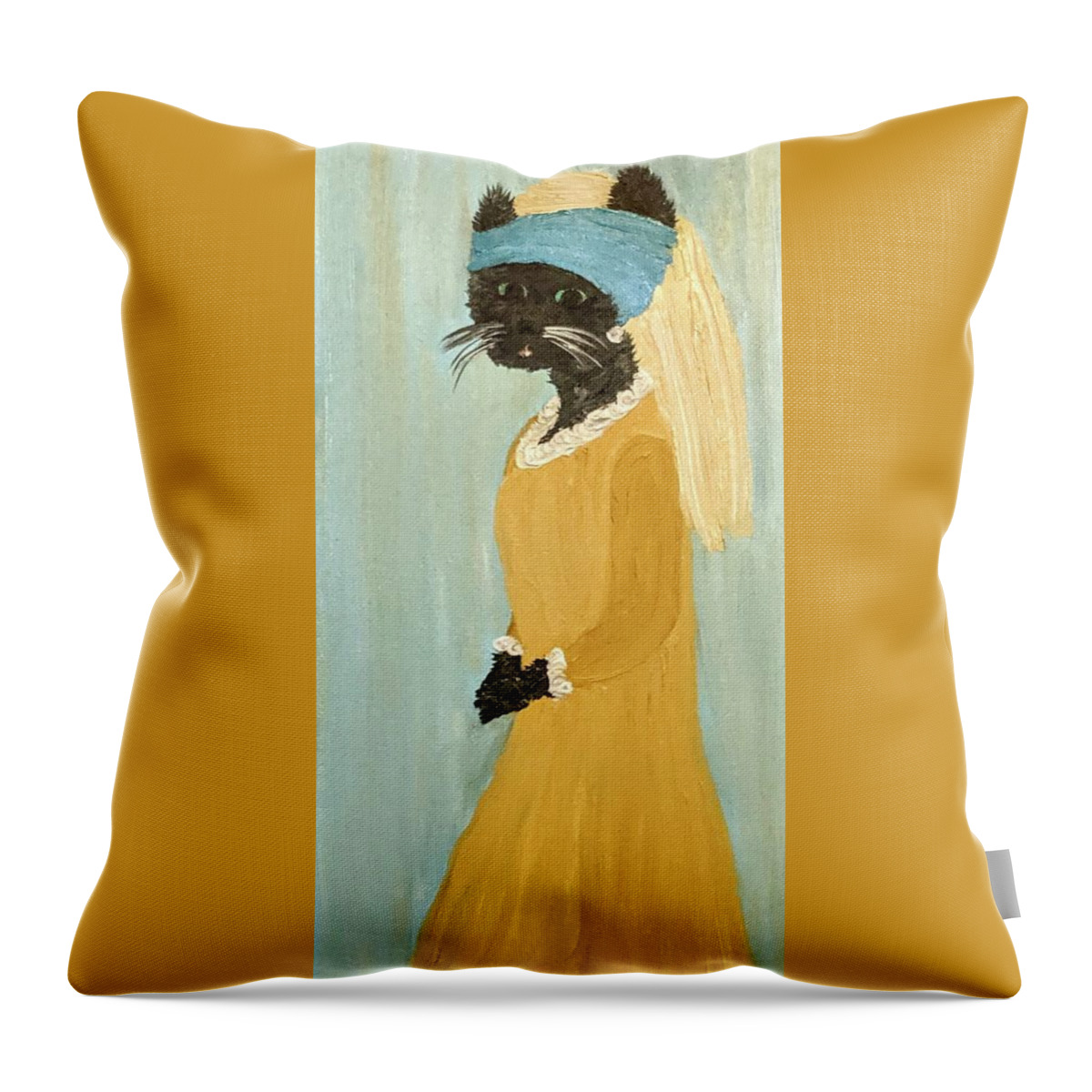 Cat Throw Pillow featuring the painting Cat with a Purrl Earring by Misty Morehead