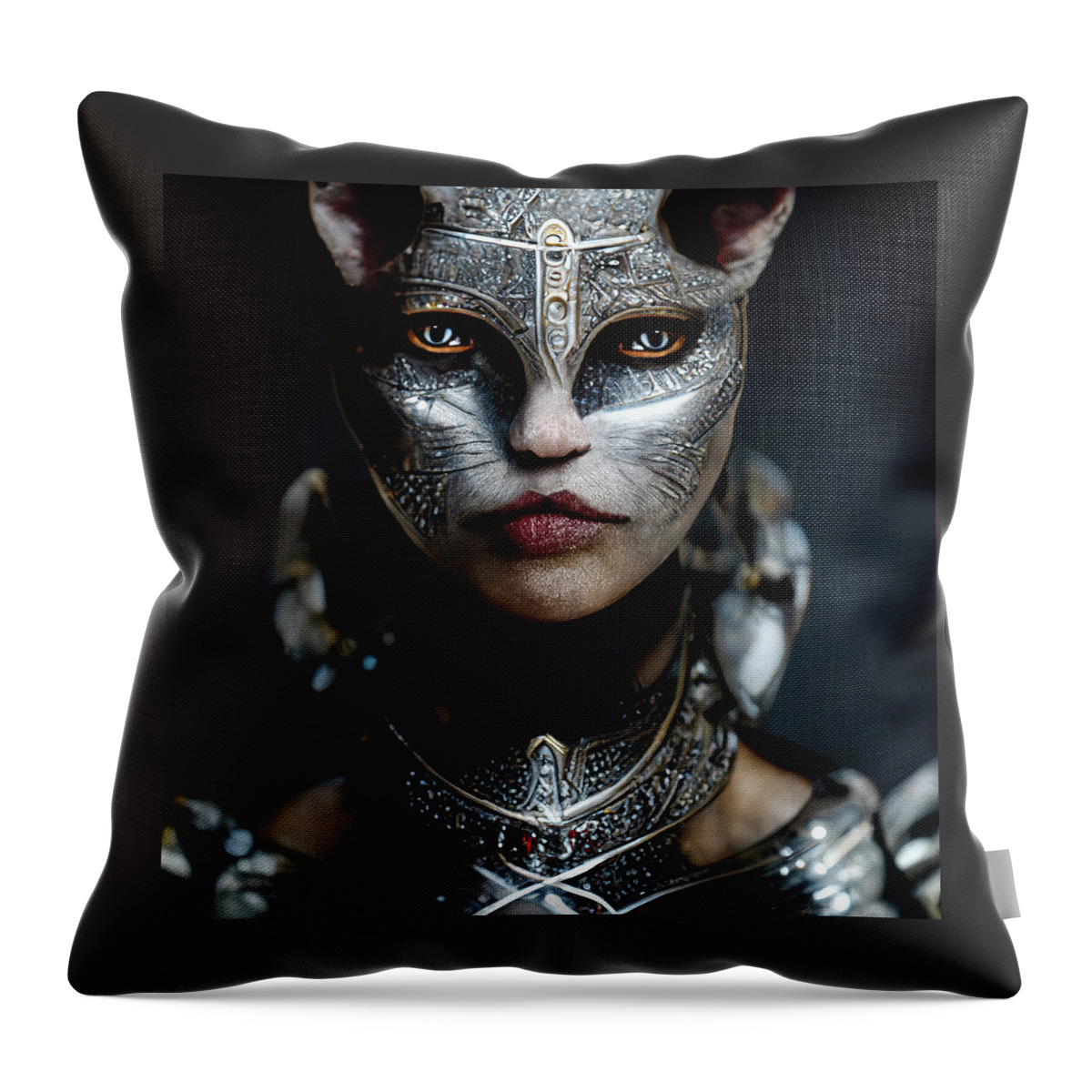 Warriors Throw Pillow featuring the digital art Cat Woman Warrior Portrait by Peggy Collins