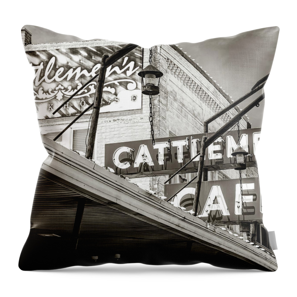 Oklahoma City Throw Pillow featuring the photograph Cattlemens Cafe and Steakhouse Neon Sign - Stockyard City Sepia by Gregory Ballos