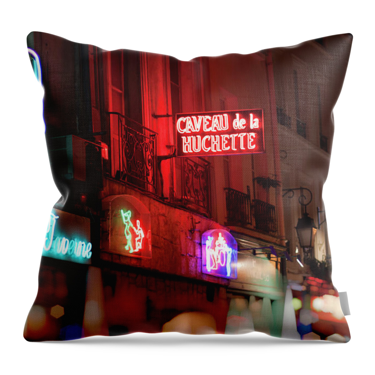 Neon Signs Throw Pillow featuring the photograph Caveau de la Huchette - Paris, France by Melanie Alexandra Price