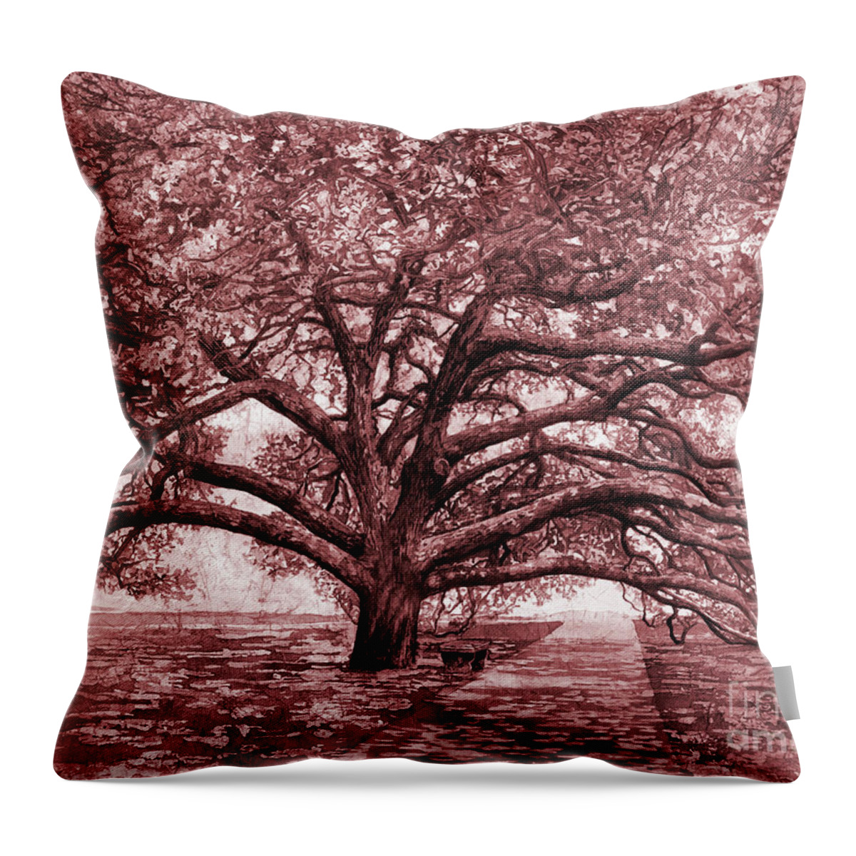Oak Throw Pillow featuring the painting Century Tree in maroon by Hailey E Herrera