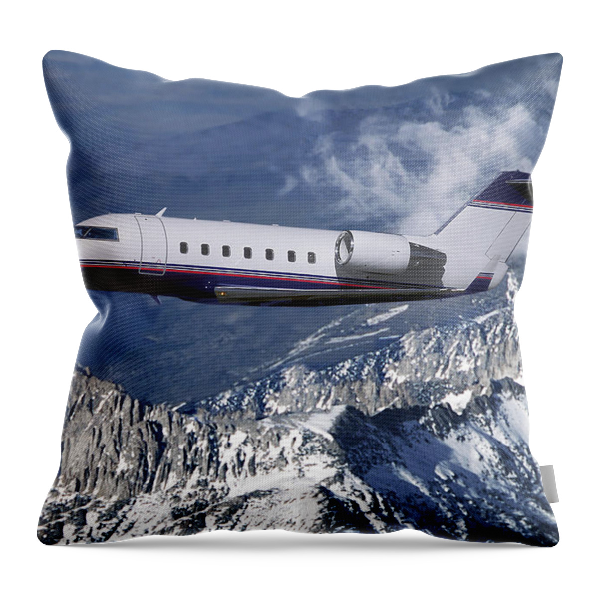 Challenger Business Jet Throw Pillow featuring the mixed media Challenger Corporate Jet over Snowcapped Mountains by Erik Simonsen