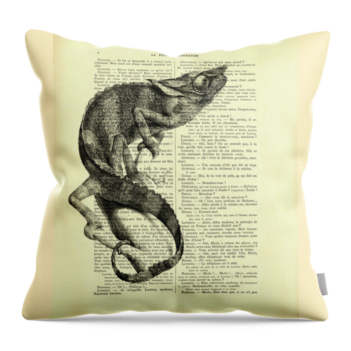 Chameleon Throw Pillow featuring the mixed media Chameleon book page art by Madame Memento