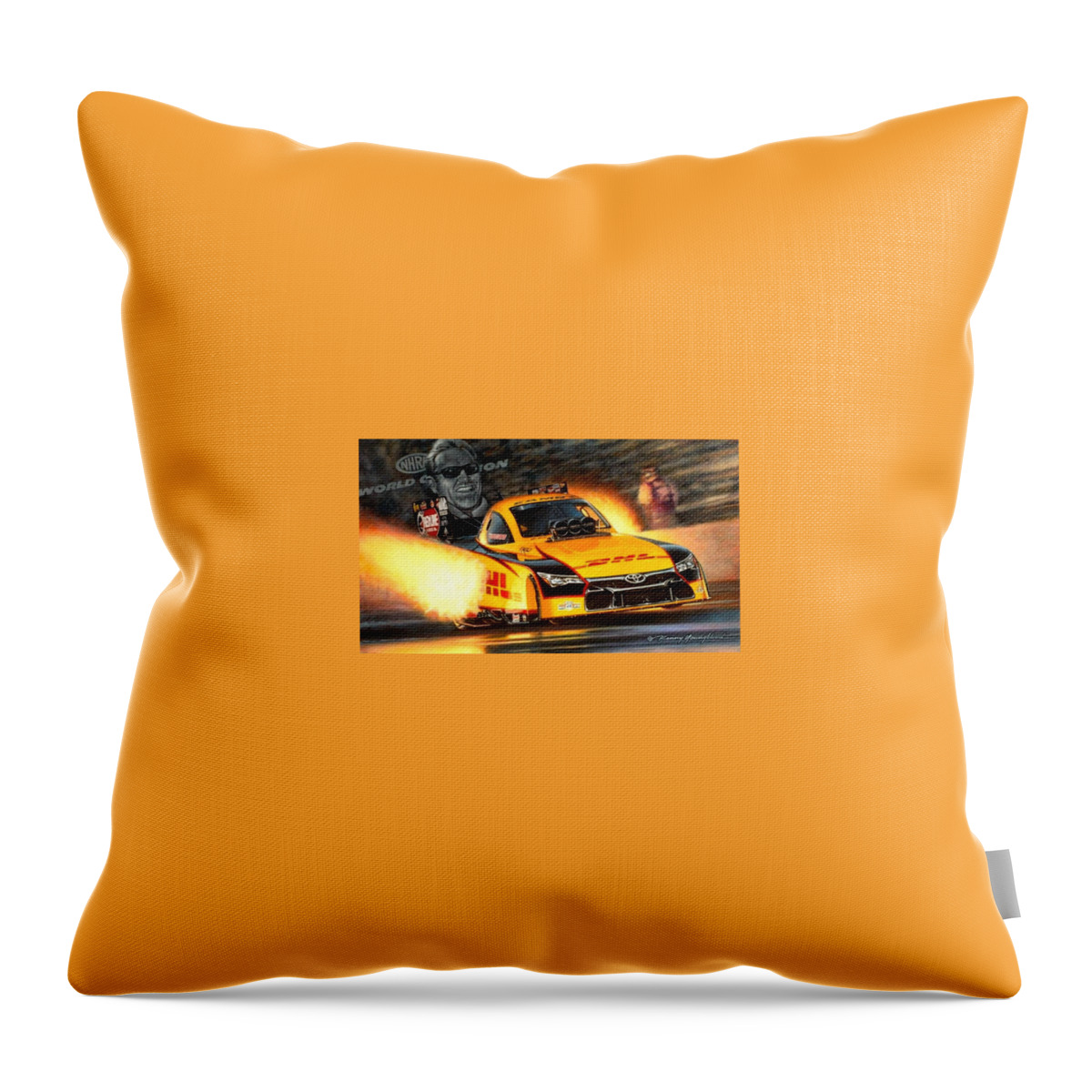 Nhra Drag Racing Top Fuel Funny Car Kenny Youngblood Tom Mcewen Mongoose John Force Del Worsham Throw Pillow featuring the painting Championship Delivery by Kenny Youngblood