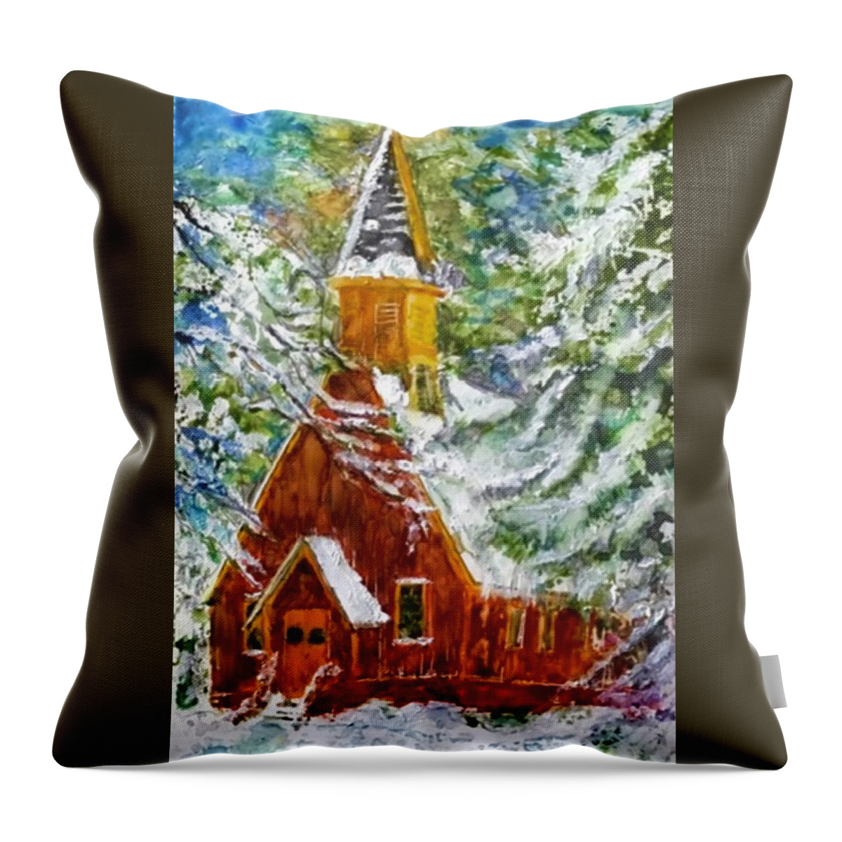 Church Throw Pillow featuring the painting Chapel by Moonllight by Cheryl Wallace