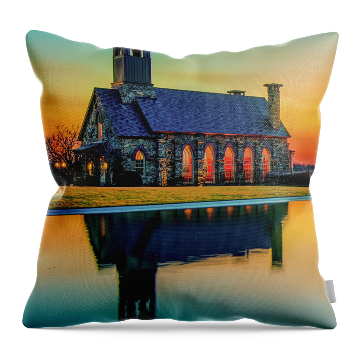Chapel Of The Ozarks Throw Pillow featuring the photograph Chapel of the Ozarks Sunset Reflections - Ridgedale Missouri by Gregory Ballos