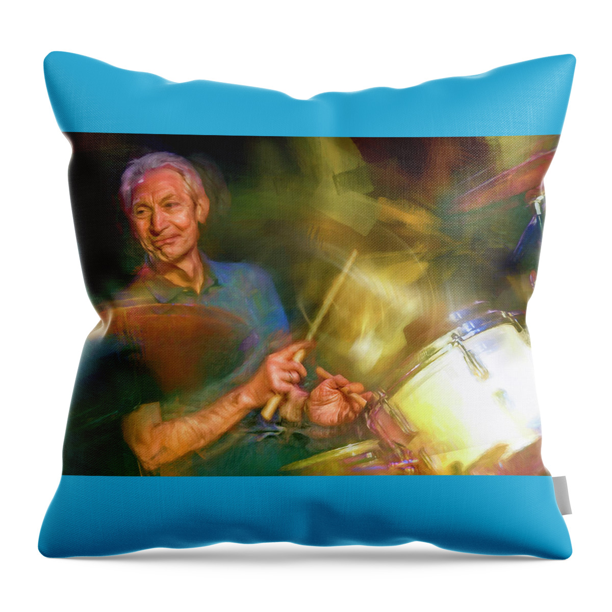 Charlie Watts Throw Pillow featuring the mixed media Charlie Watts Drummer by Mal Bray