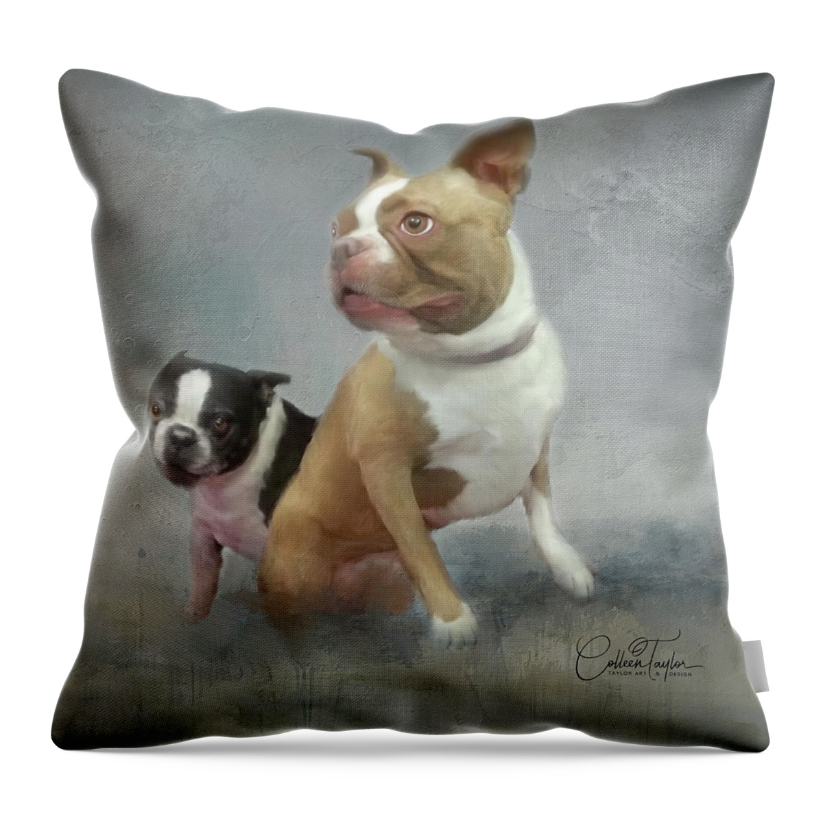 Boston Terrier's Throw Pillow featuring the mixed media Cheech and Chong by Colleen Taylor