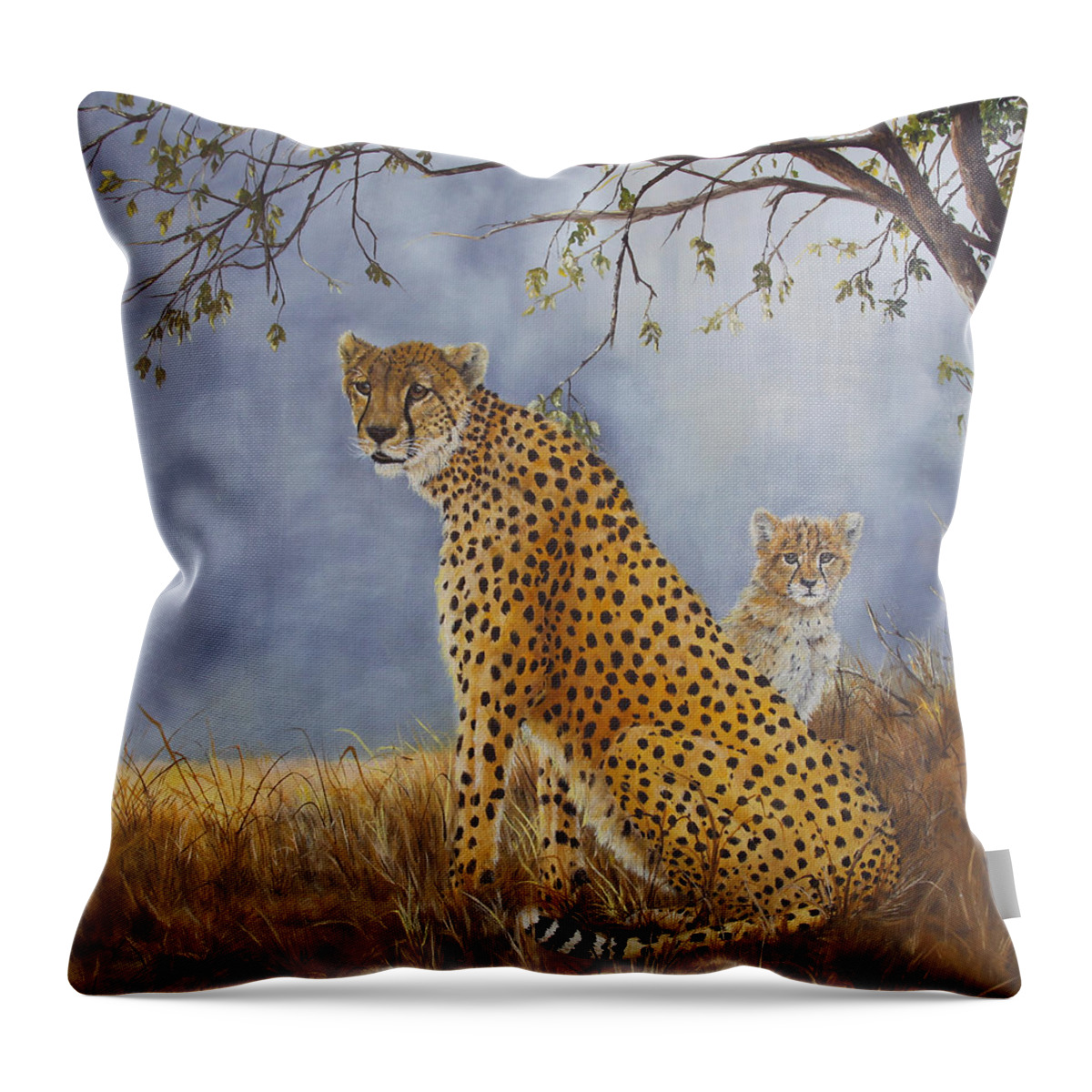 African Wildlife Throw Pillow featuring the painting Cheetah With Cub by Johanna Lerwick