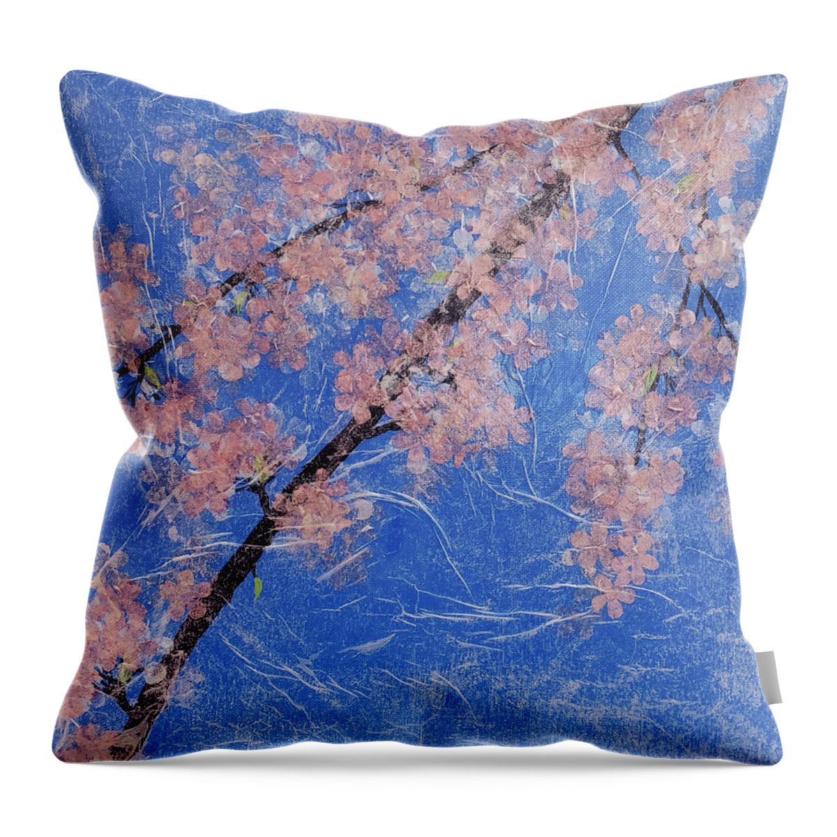 Cherry Blossom Throw Pillow featuring the painting CHERRY BLOSSOMS Abstract painting Pink and Blue by Lynnie Lang