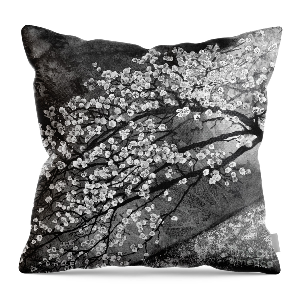 Cherry Blossom Throw Pillow featuring the painting Cherry Blossoms In Bloom - Black and Whtie by Hailey E Herrera