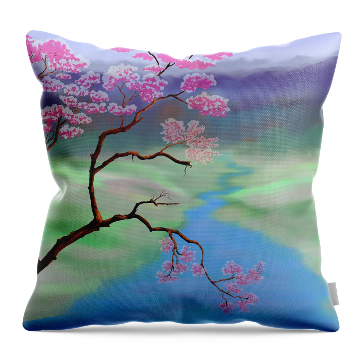 Landscape Throw Pillow featuring the digital art Cherry Blossoms by Marilyn Cullingford
