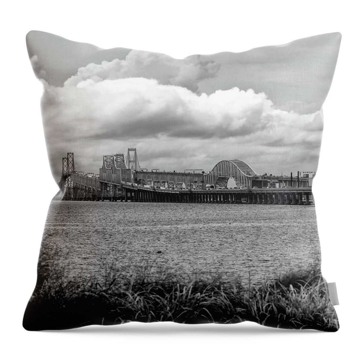 Bridge Throw Pillow featuring the photograph Chesapeake Bay Bridge in Black and White by Bill Swartwout