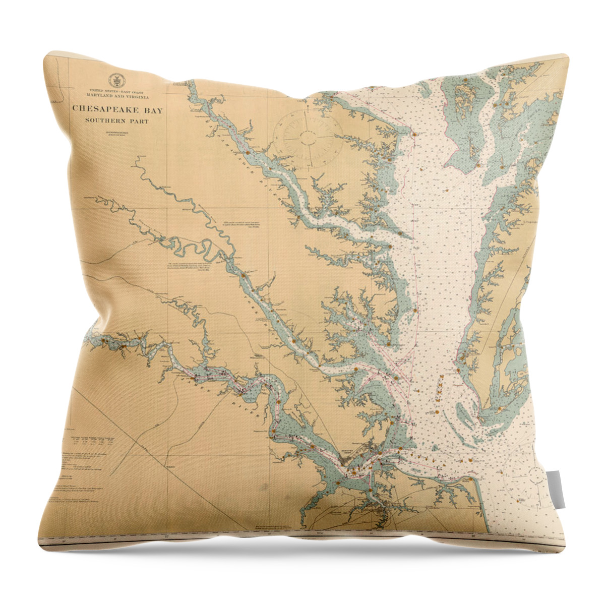 Chesapeake Bay Southern Part Throw Pillow featuring the digital art Chesapeake Bay Southern Part, Coast and Geodetic Survey Chart 78, Vintage 1914 by Nautical Chartworks