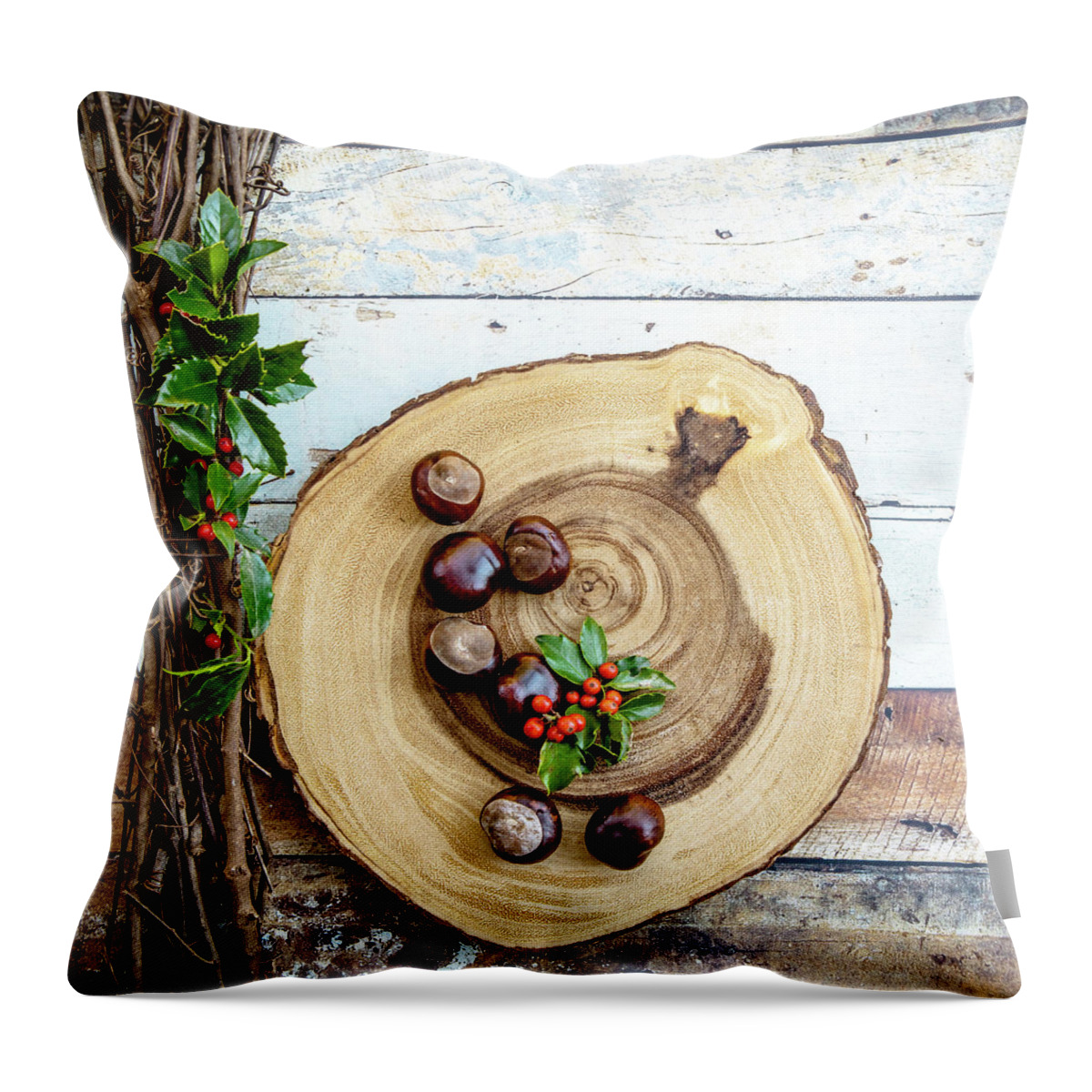 Still Life Throw Pillow featuring the photograph Chestnuts and Holly by Rebecca Cozart