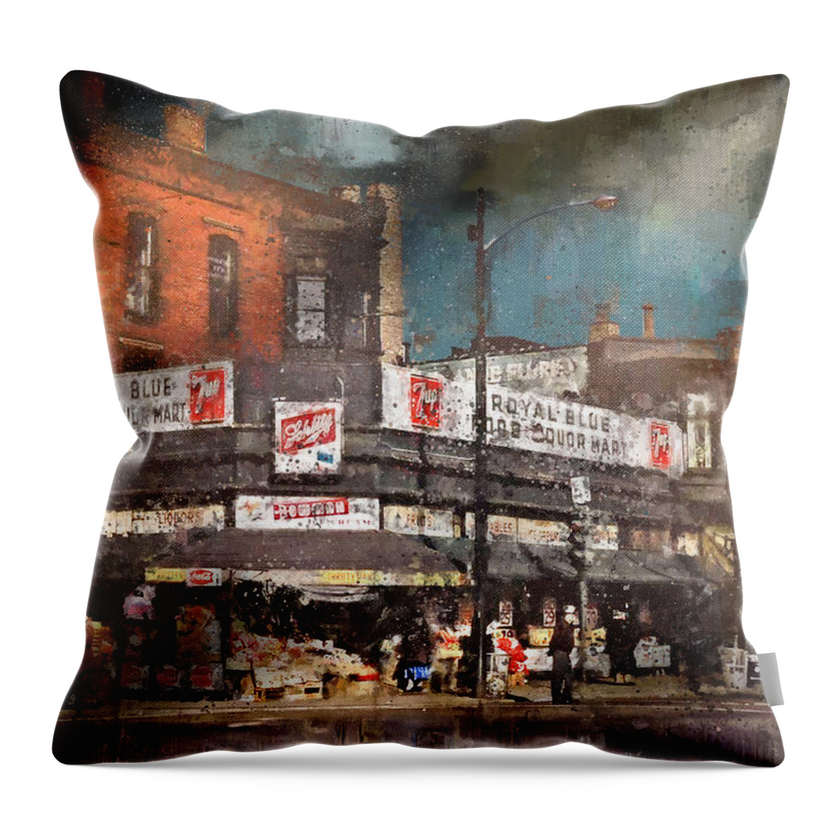 Chicago Throw Pillow featuring the painting Rain Clearing in Chicago 1958 - Fullerton at Halsted and Lincoln Ave. by Glenn Galen